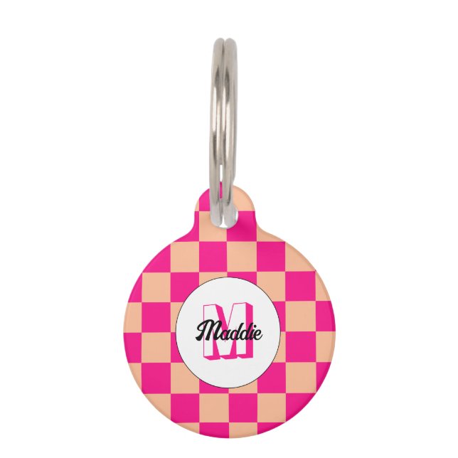 Médaillon Pour Animaux à damiers pêche rose chaud rétro (Devant)