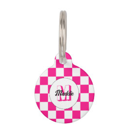 Médaillon Pour Animaux à damiers rose chaud blanc rétro Monogram