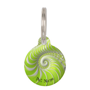 Médaillon Pour Animaux Abstrait Lime Green Spiral Fractal Avec Nom