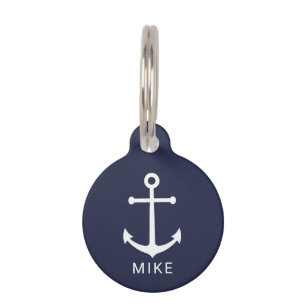 Médaillon Pour Animaux Ancre bleue marine avec nom personnalisé
