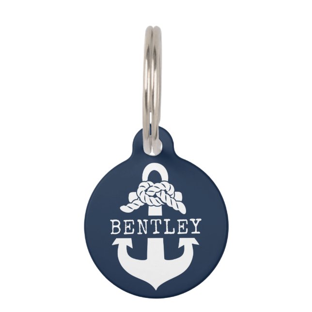 Médaillon Pour Animaux Ancre bleue marine Nom personnalisé (Devant)