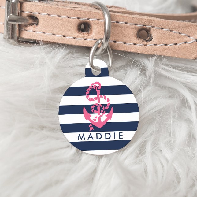 Médaillon Pour Animaux Ancre de bande marine et rose nautique personnalis (Créateur téléchargé)