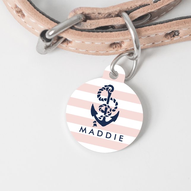 Médaillon Pour Animaux Ancre de bande rose marine personnalisée (Créateur téléchargé)