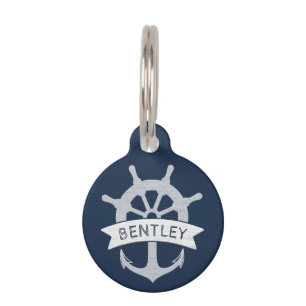 Médaillon Pour Animaux Ancre de navire bleu marine Nom personnalisé