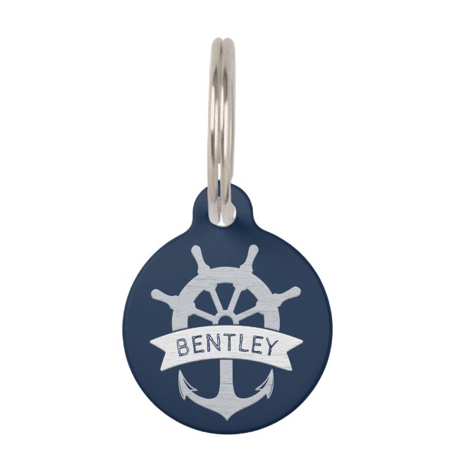Médaillon Pour Animaux Ancre de navire bleu marine Nom personnalisé (Devant)