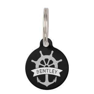 Médaillon Pour Animaux Ancre de navire noir nautique Nom personnalisé