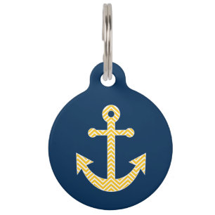Médaillon Pour Animaux Ancre nautique avec Motif Navy Jaune Chevron