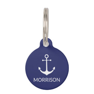 Médaillon Pour Animaux Ancre nautique marine blanc Personnalisé chien Nom