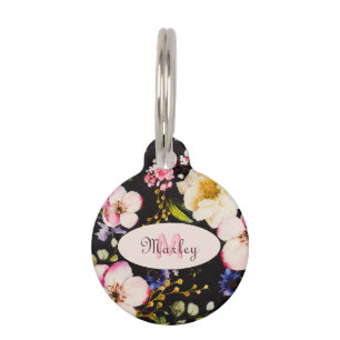 Médaillon Pour Animaux Aquarelle rose Roses jaunes sur noir, Monogramme