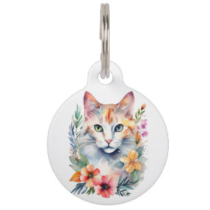 Médaillon Pour Animaux Aquarelle Style floral blanc chat