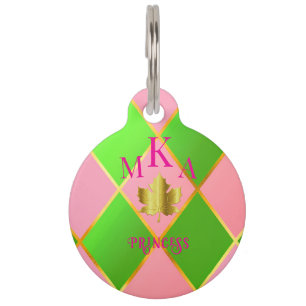Médaillon Pour Animaux Argyle rose et vert élégant avec monogramme