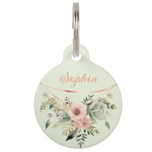 Médaillon Pour Animaux Arrangement floral rose sur Sage Green