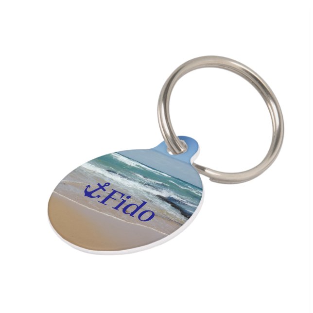 Médaillon Pour Animaux Balise d'Ancre bleu marine de plage Nom rond Anima (Côté )