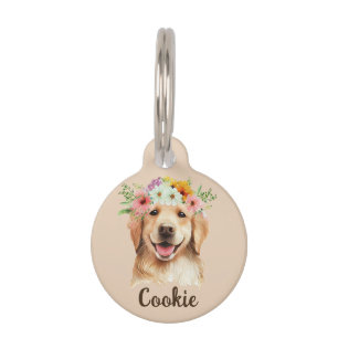 Médaillon Pour Animaux Balise Golden Retriever Watercolor Flower Round Pe