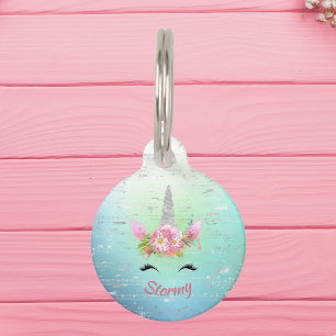Médaillon Pour Animaux Balise musicale Unicoprn Horn et Fleurs Arrondi An