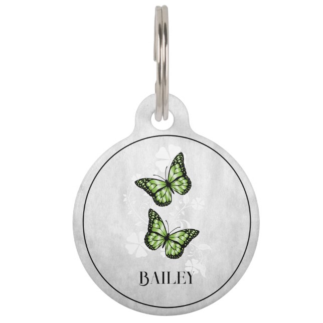 Médaillon Pour Animaux Balise Papillon vert Floral Round Pet (Devant)
