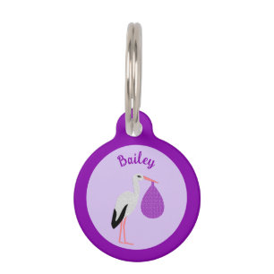 Médaillon Pour Animaux Bébé Cigogne Personnalisé de genre neutre Violet