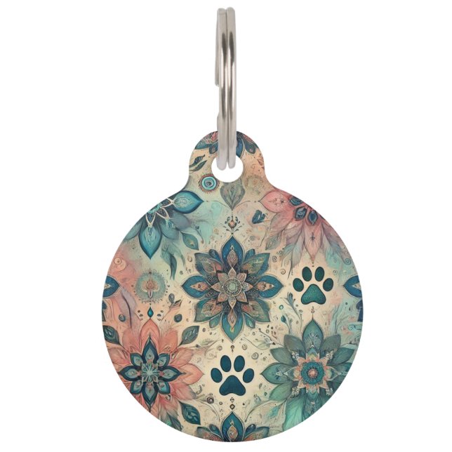 Médaillon Pour Animaux Belles fleurs et empreintes de pattes (Devant)