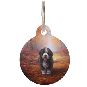 Médaillon Pour Animaux Bernedoodle dans les feuilles d'automne qui tomben