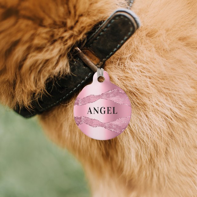 Médaillon Pour Animaux Bille de nacre nom de chien en agate rose (Créateur téléchargé)