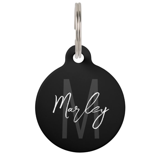 Médaillon Pour Animaux Black Modern Script Personnalisé Monogramme et nom (Devant)