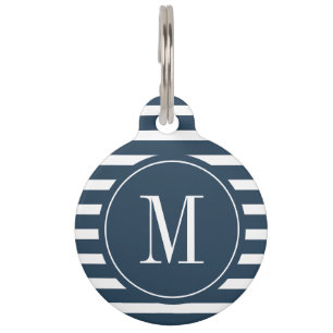 Médaillon Pour Animaux Bleu et blanc de la marine moderne avec Monogramme