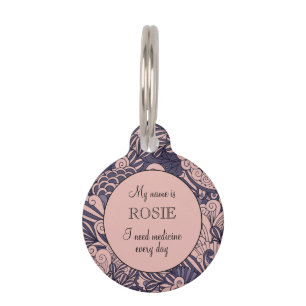 Médaillon Pour Animaux Botanique rose et violet Personnalisé Petit