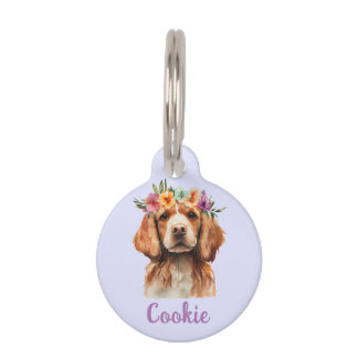 Médaillon Pour Animaux Brittany Spaniel Chien Watercolor Flower