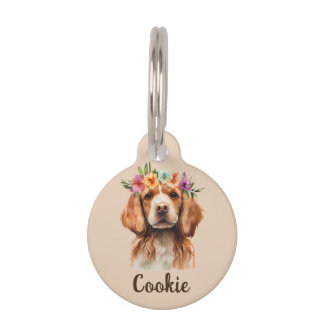 Médaillon Pour Animaux Brittany Spaniel Chien Watercolor Flower