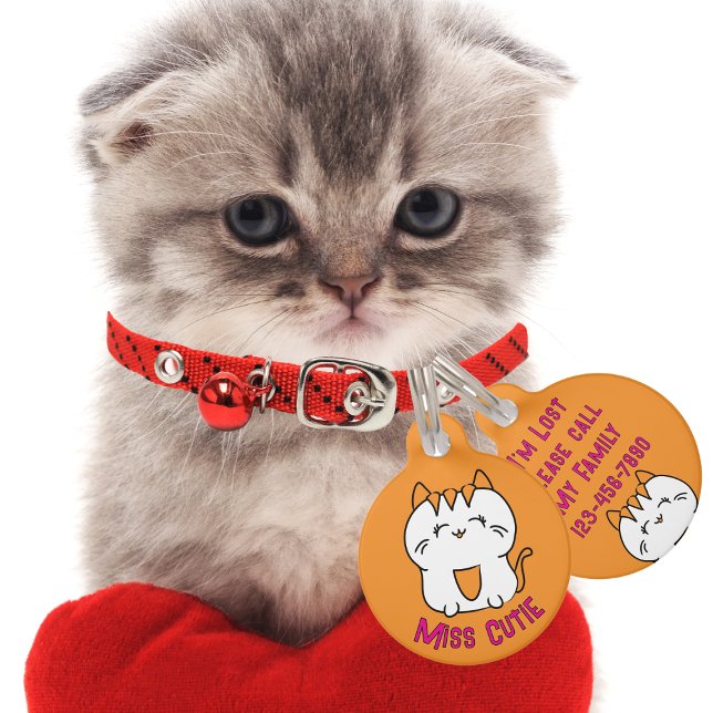 Médaillon Pour Animaux Carton Cute Blanc Kitten Kawaii Orange Rose (Créateur téléchargé)