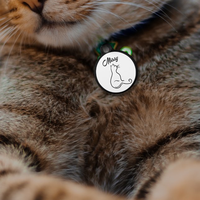 Médaillon Pour Animaux Chat silhouette simple ligne noir et blanc (Créateur téléchargé)