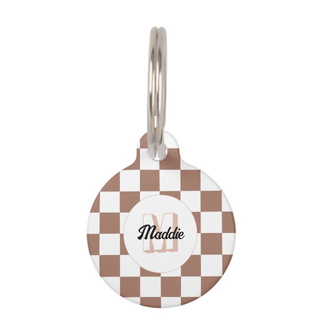 Médaillon Pour Animaux Chèque carré mocha brun blanc rétro Monogramme (Devant)
