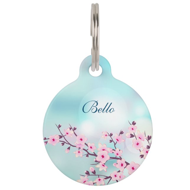 Médaillon Pour Animaux Cherry Blossoms rose Turquoise Personnaliser (Devant)
