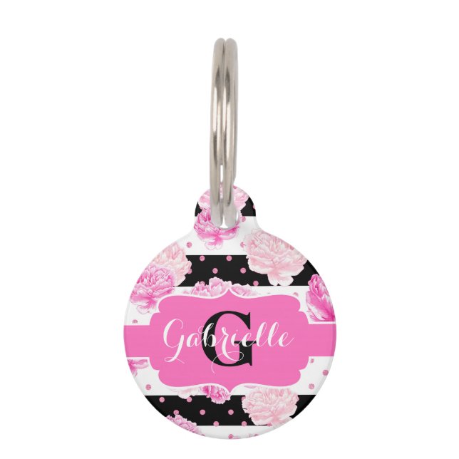 Médaillon Pour Animaux Chic Stripes Fleurs roses Nom Chat initial ou Chie (Devant)