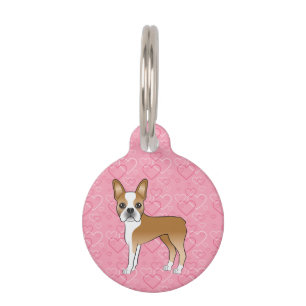 Médaillon Pour Animaux Chien Boston Terrier Fauve Et Blanc Sur Coeurs Ros