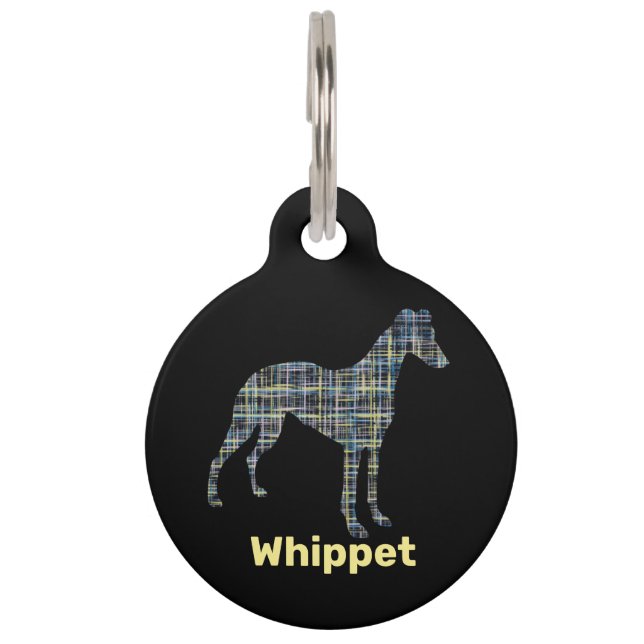 Médaillon Pour Animaux Chien Whippet Silhouette Jaune et Grille noire (Devant)