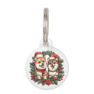 Médaillon Pour Animaux Chiens de Noël Poméraniens Mistletoe Wreath