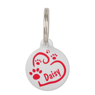 Médaillon Pour Animaux Cœur Rouge Mignon avec Empreintes de Patte et Nom