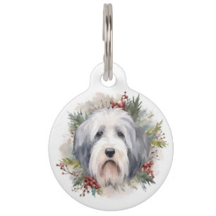 Médaillon Pour Animaux Couronne de Noël de Vieux Chien de Berger Anglais 