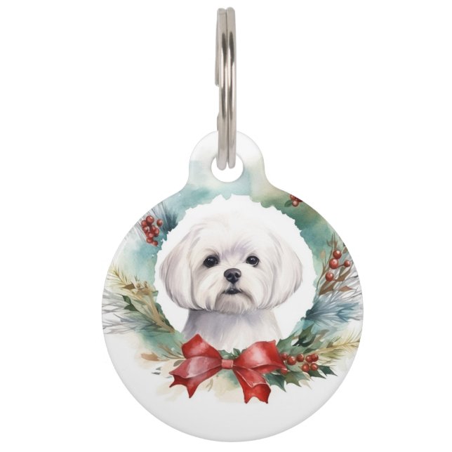 Médaillon Pour Animaux Couronne de Noël festive pour chiot maltais  (Devant)