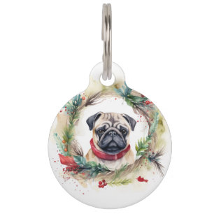 Médaillon Pour Animaux Couronne de Noël festive Pug Chien festif