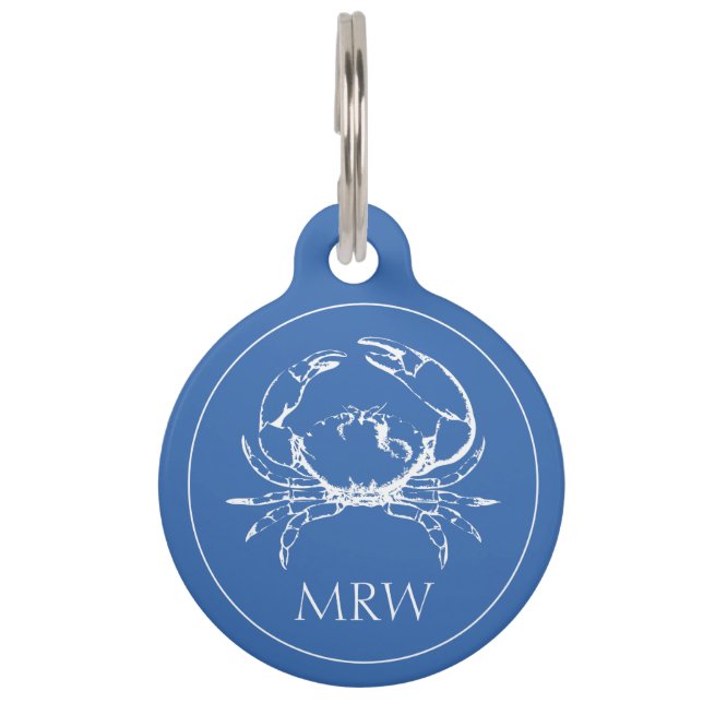 Médaillon Pour Animaux Crabe blanc côtier sur monogramme bleu classique (Devant)