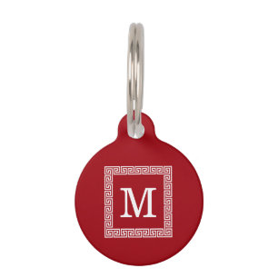 Médaillon Pour Animaux Cranberry Wht Greek Key Frame #1 Monogram initial
