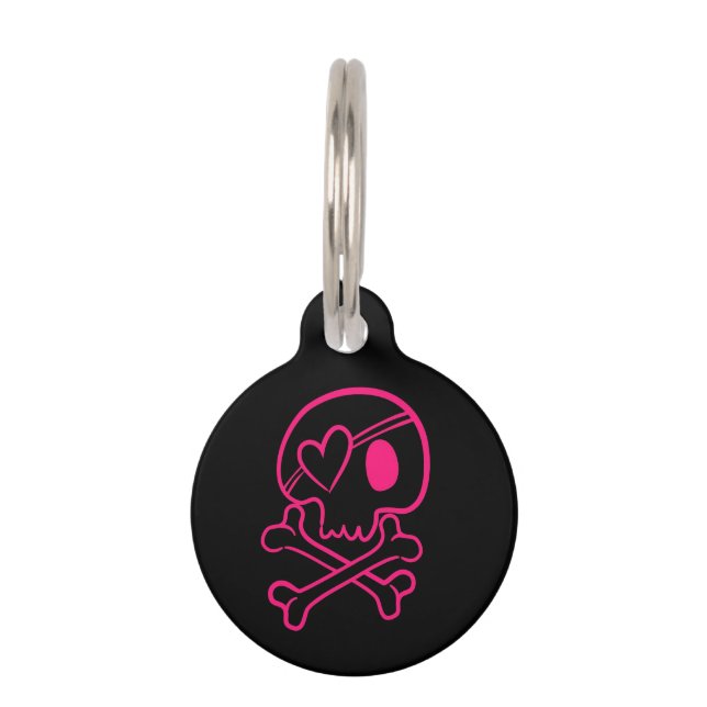 Médaillon Pour Animaux Crâne rose et os croisés de coeur (Devant)