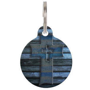 Médaillon Pour Animaux Croix en bois bleue