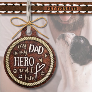 Médaillon Pour Animaux Cuir Brown et corde Papa est mon héros
