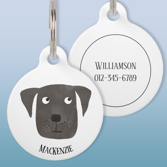 Médaillon Pour Animaux Cute Black Labrador Retriever Dog Art Nom personna (Cute watercolor Black Labrador Retriever dog personalized pet tag)