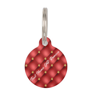 Médaillon Pour Animaux Diamant d'or Tufé en cuir rouge Nom du texte perso