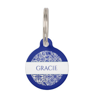 Médaillon Pour Animaux Élégant Monogramme Carreaux Personnalisés Bleu Bla