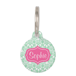 Médaillon Pour Animaux Élégant motif damassé rose et vert menthe